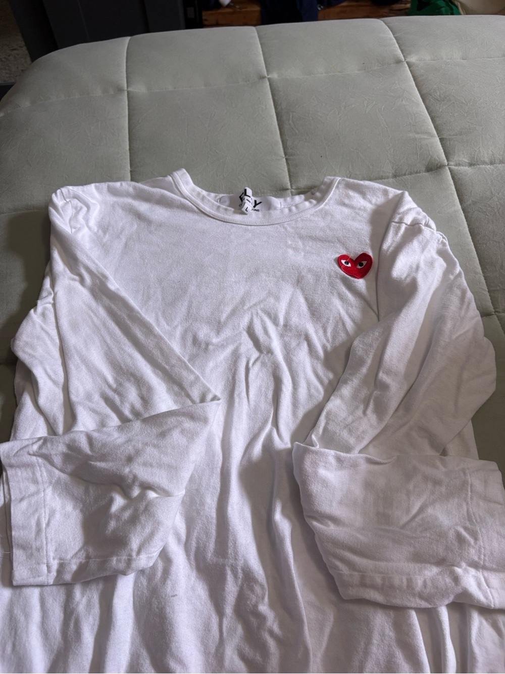 Men’s White Long-Sleeve Shirt with Red Heart Patch